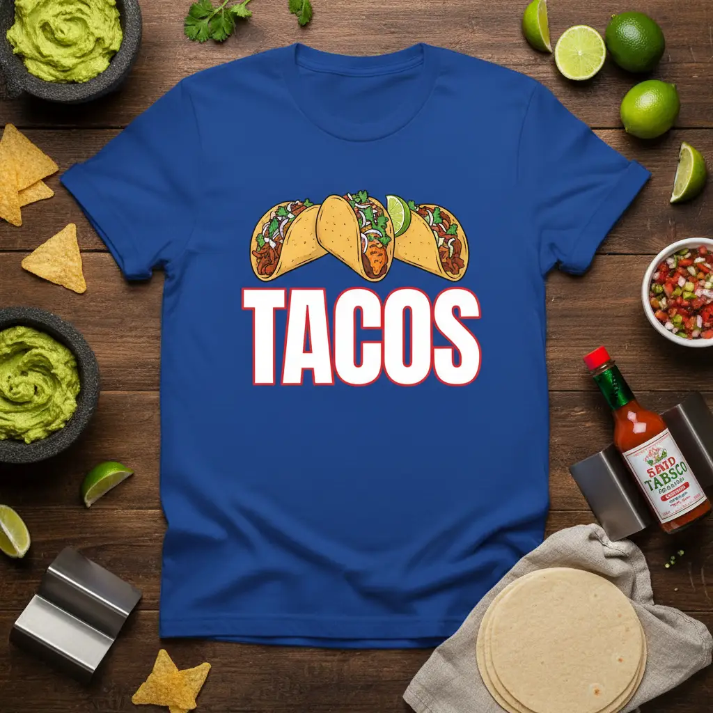 Blue t-shirt featuring the word TACOS with three cartoon tacos above, perfect for taco lovers