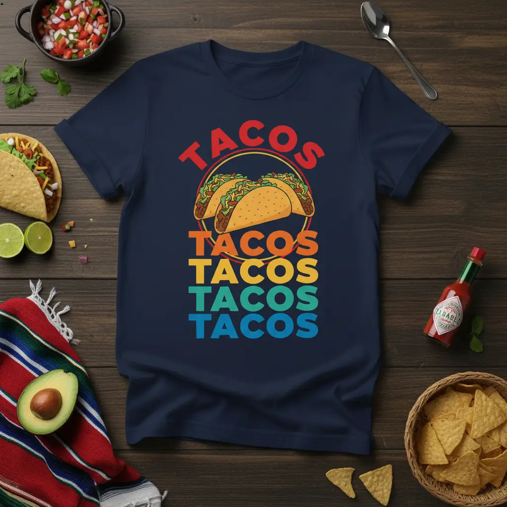 Tacos Tacos Tacos Tacos Tacos text design with colorful lettering and taco graphics