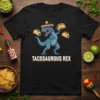 Tacosaurs Rex t-shirt design with a blue dinosaur wearing a sombrero and holding tacos