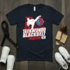 Taekwondo Blackbelt Fighter design featuring a silhouette mid-kick, the Taegeuk symbol, and Korean flag on a navy t-shirt