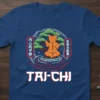 Tai Chi Cat Meditation tee with zen cat meditating, bonsai tree, and Chinese characters for inner peace and life energy