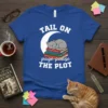 Tail On Page Pause The Plot T-Shirt with a sleeping cat on books under a crescent moon graphic