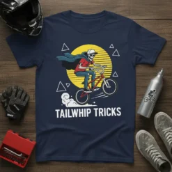 Skeleton BMX rider performing a tailwhip trick with "Tailwhip Tricks" text, set against a yellow sun graphic
