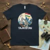 Tajikistan t-shirt design featuring a snow leopard, mountains, and the Tajikistan flag. Primary keyword: Tajikistan Snow Leopard T-Shirt