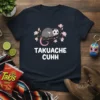 Takauche Cuhh t-shirt with a cute opossum on a branch with pink flowers, white text