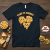 Take It Cheesy t-shirt design featuring three smiling, melting cheese slices with orange text