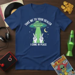 Navy blue t-shirt with "TAKE ME TO YOUR DEALER I COME IN PEACE" text, UFO graphic, and peace signs