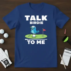 Talk Birdie To Me golf t-shirt with a cartoon blue bird on a golf ball holding a club