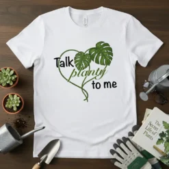 White t-shirt with black and green text "Talk planty to me" inside a heart made of vines and Monstera leaves