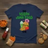 Talk Vegan Junk Food To Me t-shirt featuring a cartoon burger, fries, milkshake, and donut with cute faces