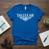 Royal blue t-shirt with the name Tallulah in white, elegant font above a blue decorative pattern