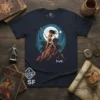 Tamariatta Warrior Woman T-Shirt featuring a fierce female warrior with a spear standing on a mountain with wolves, under a