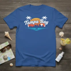 Tampa Bay retro sunset skyline graphic t-shirt with palm trees and sailboat