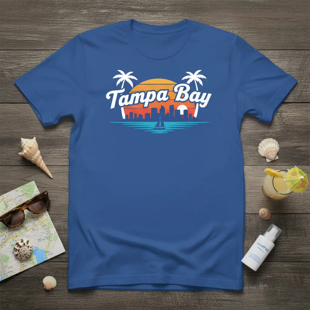 Retro Tampa Bay skyline sunset graphic on a blue t-shirt with palm trees and sailboat