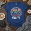 Tangled Lights & Merry Merry Nights Christmas t-shirt with colorful string lights graphic and festive typography