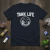 Navy t-shirt with "TANK LIFE" text above a circular graphic of an aquarium scene with fish, plants, and rocks
