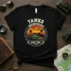 Black t-shirt with "Tanks Memories For The" text, featuring military tanks, helicopters, palm trees, and a sunset graphic