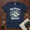 Tap Dance Queen t-shirt design with silver tap shoes, musical notes, and a crown graphic