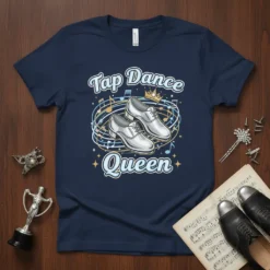 Tap Dance Queen t-shirt design with silver tap shoes, musical notes, and a crown graphic