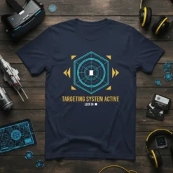 Targeting System Active Lock On graphic tee design with a blue reticle and yellow accents