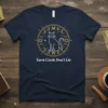 Navy t-shirt with "Tarot Cards Don't Lie" text and a mystical cat design within a moon and star circle