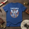Tartaria Griffin Crest T-Shirt featuring the word TARTARIA and a mythical griffin holding a sword, with serpentine elements and a