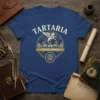 Tartaria The Old World t-shirt design with a griffin, ancient buildings, and compass graphic