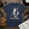 Tatted & Rockin slogan on a navy t-shirt with a vintage pin-up singer graphic holding a microphone