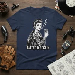 Tatted & Rockin slogan on a navy t-shirt with a vintage pin-up singer graphic holding a microphone
