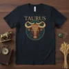 Taurus zodiac sign bull graphic t-shirt with ornate horns and celestial circle design