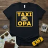 Taxi Opa t-shirt design with yellow taxi graphic and bold yellow text "TAXI OPA" on a black shirt