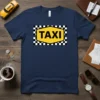 Navy blue t-shirt featuring a bold yellow TAXI sign with black checkered border, perfect for taxi drivers