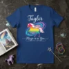 Taylor Magic is in You t-shirt with a personalized name and a rainbow unicorn in a galaxy swirl