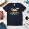 Navy t-shirt with "TEACHER OUT!" text, open book, sun, cloud, and rockets graphic