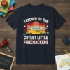 Teacher Of The Cutest Little Firecrackers t-shirt with patriotic school bus design