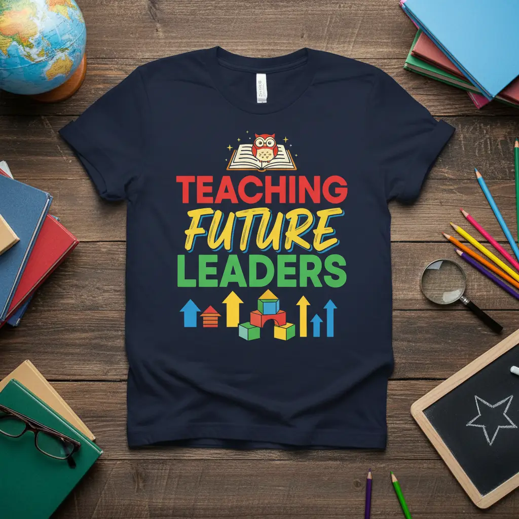 Teaching Future Leaders quote with owl and book graphic, symbolizing mentorship and education on a navy tee