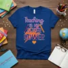 Teaching IS MY SUPER POWER text design with lightning bolt and pencils on a blue t-shirt