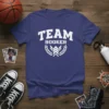 Team Booker text with laurel wreath graphic on a purple t-shirt, basketball theme