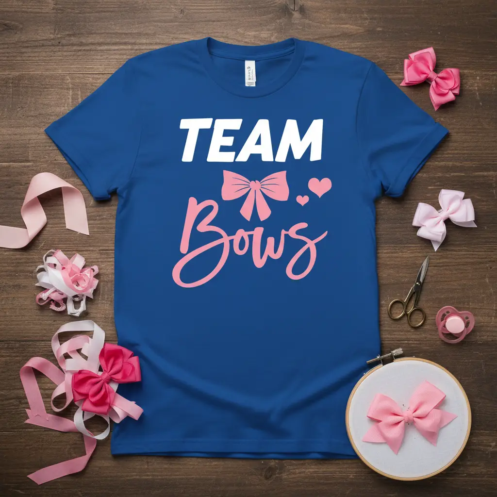 TEAM Bows gender reveal party t-shirt with bold white TEAM and pink script Bows, plus bow and heart graphics