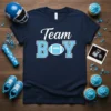 Team BOY football gender reveal t-shirt design with blue football graphic and white text