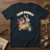 Team Donkey cartoon graphic on a dark t-shirt, featuring donkeys riding a motorcycle with a sidecar