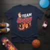Team Enjoy graphic t-shirt design featuring stylized text and silhouetted figures playing sports and music, with a flaming OK symbol