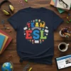 Team ESL t-shirt design featuring colorful block letters and educational icons like books and globes