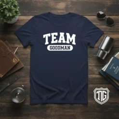 TEAM GOODMAN text design on a navy blue t-shirt, representing family pride and unity