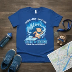 Team Hedge Running for Charlie's Promise London Marathon 2025 t-shirt design featuring a hedgehog runner and city skyline