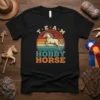 Team Hobby Horse vintage retro sunset t-shirt design featuring a leaping horse and colorful stripes