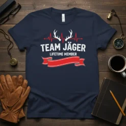Team Jäger Lifetime Member t-shirt design with deer antlers and heartbeat line graphic