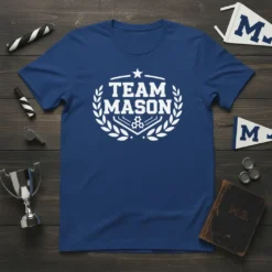 Blue t-shirt with white "TEAM MASON" text inside a laurel wreath design, featuring gears and a star