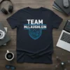 TEAM McLaughlin t-shirt with blue tech shield graphic and gears, ideal for family reunions