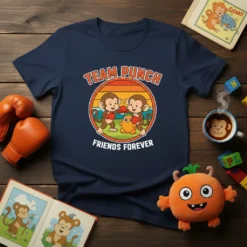 Team Punch Friends Forever t-shirt with two cartoon monkeys boxing, set against a retro sunset graphic